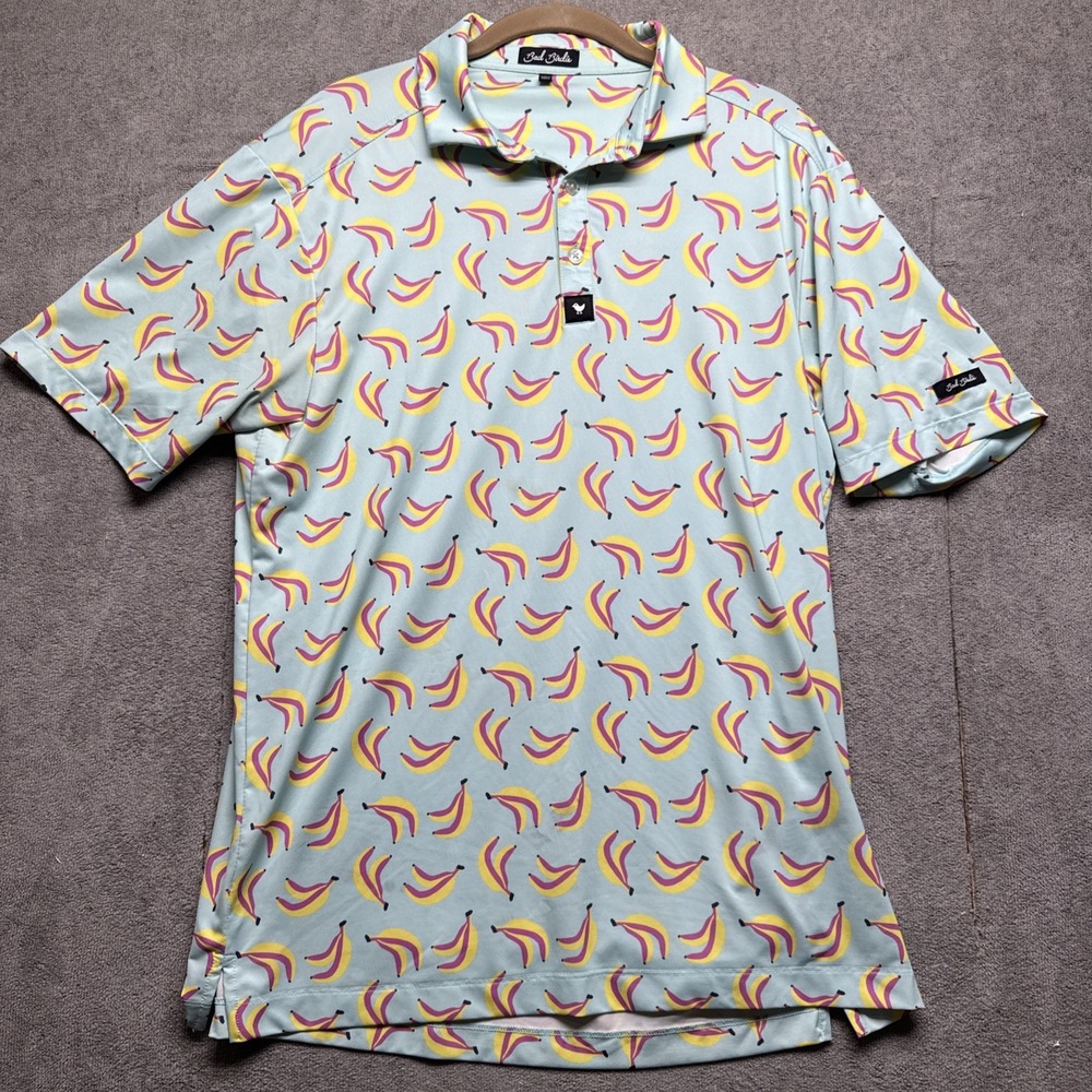 Bad Birdie Banana Print Golf Polo Shirt Men's Medium Blue Fun Fruit Pattern‎